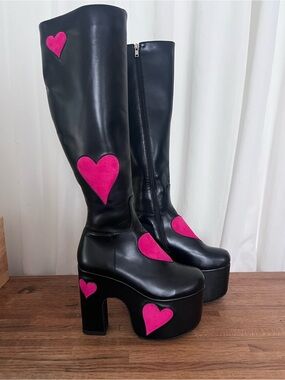 LaModa Black Platform Knee-High Boots with Pink Heart Accents
